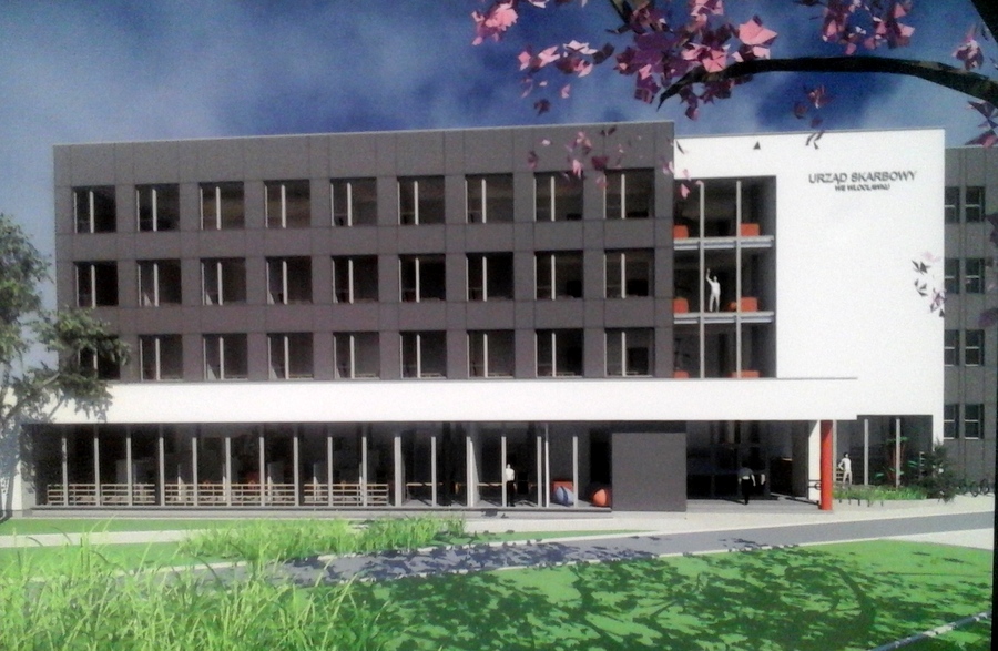 Wizualizacja nowego budynku - jego fasada prawie w całości przykryje front starej siedziby. Źródło: Izba Skarbowa w Bydgoszczy.  